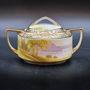 Nippon Hand-Painted Porcelain Sugar Bowl Scenic Landscape Gold Gilding Antique
